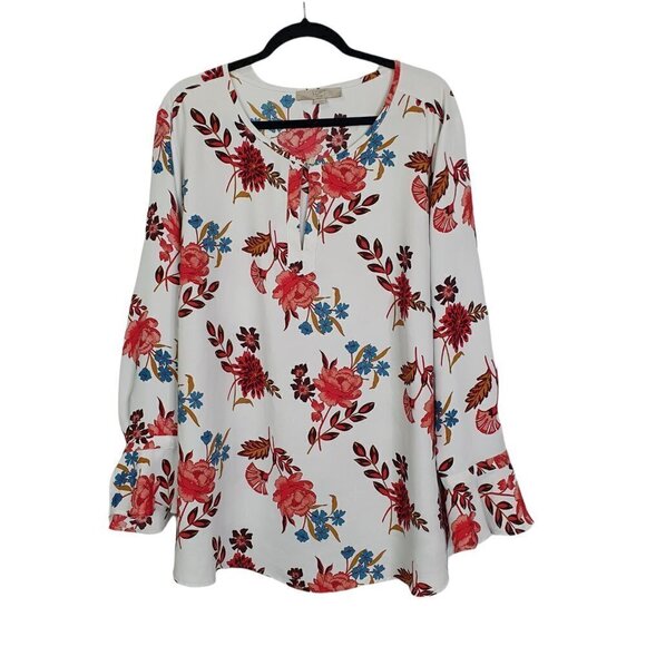 Ann Taylor LOFT Plus White Floral Blouse Top Ruffle Sleeve Keyhole Neck Size 24 - Picture 1 of 6